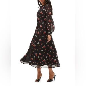 EUC Hill House Cindra Floral Long Sleeve Midi Dress in Black Ikat